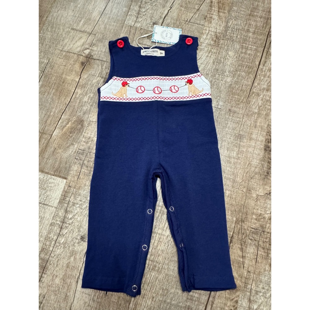 Rylee Faith Designs Navy Smocked Baseball Dog Longall 3M NWT